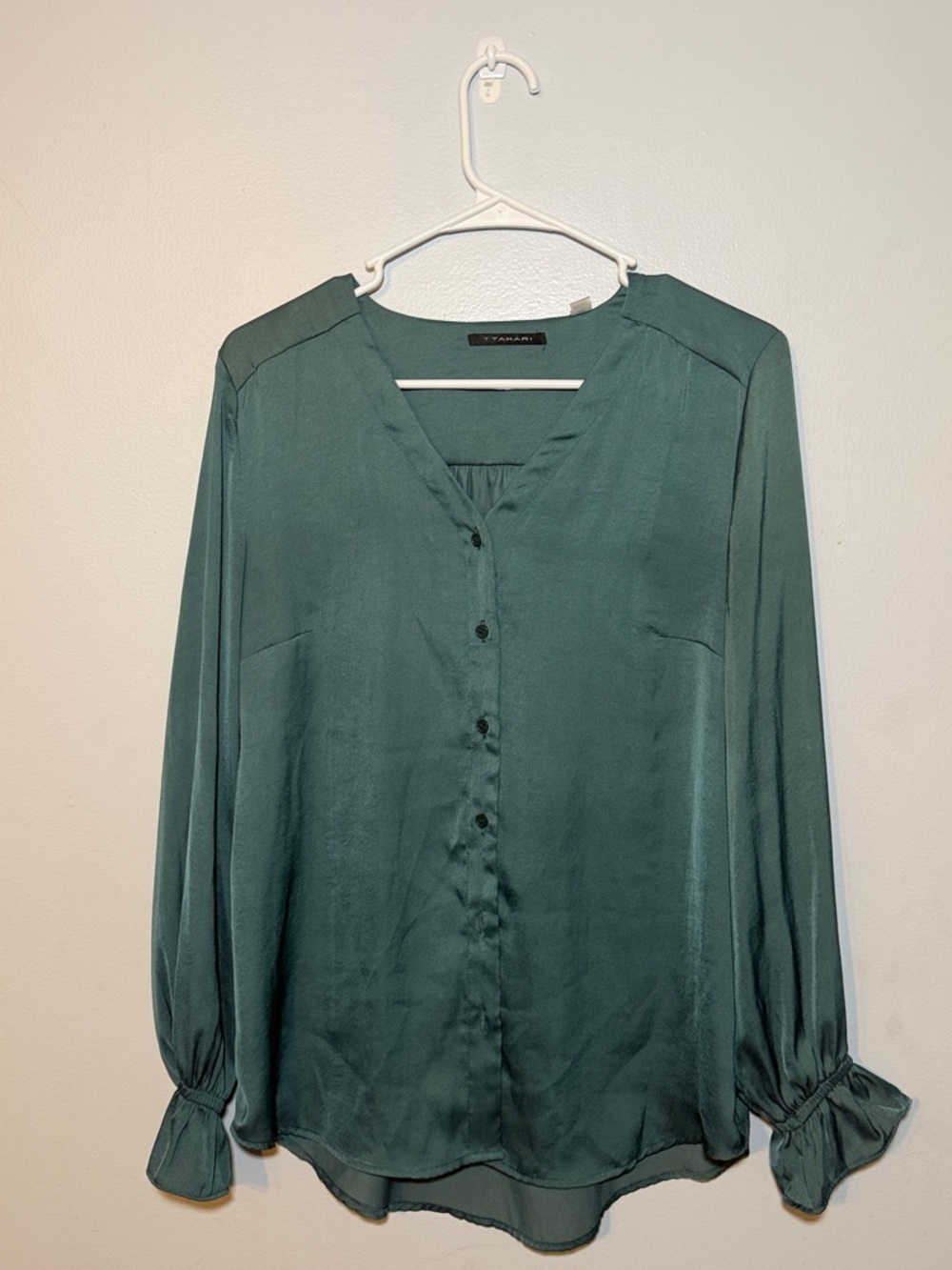 Tahari Teal Satin V-Neck Button Blouse